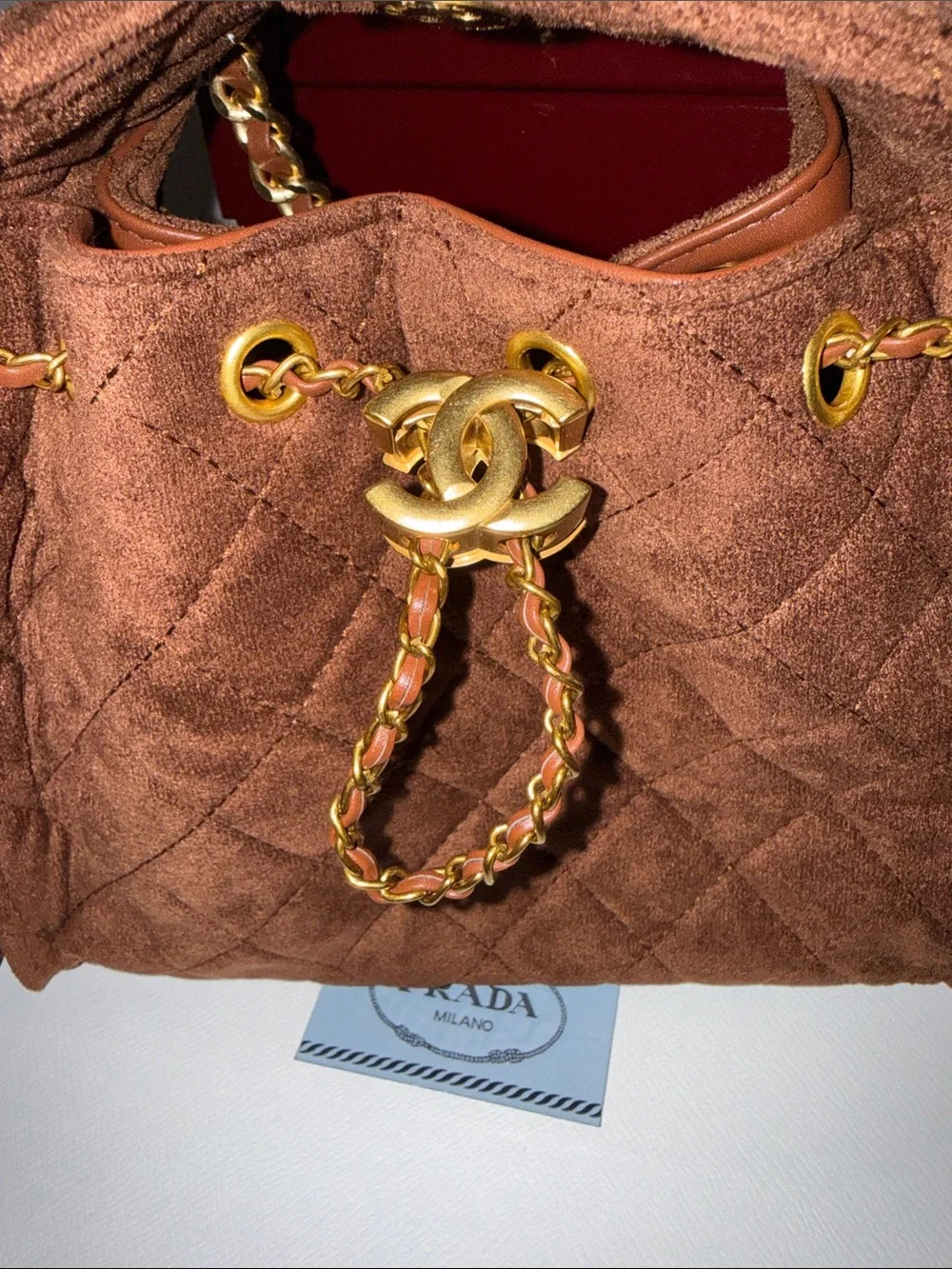 CHANEL Brown Quilted Suede Satchel with Gold Chain Hardware